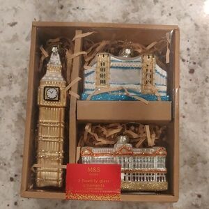 New!M&S Marks & Spencer 3 Glass Novelty Christmas Ornaments London Icons Big Ben
